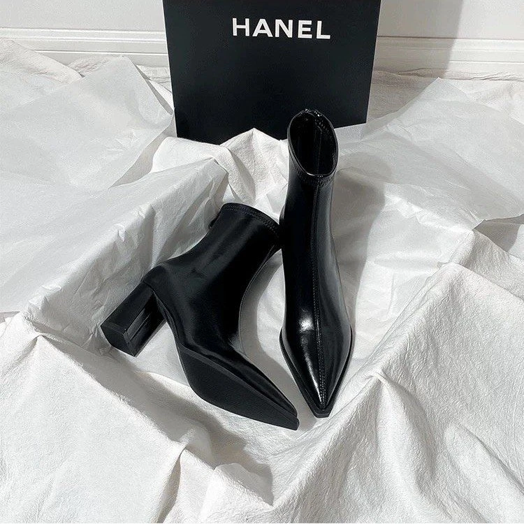 棕色短靴女高跟秋冬新款加绒法式小踝靴后拉链弹力尖头粗跟瘦瘦靴