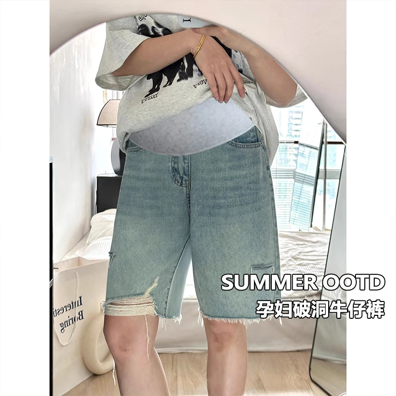 孕妇牛仔短裤夏季薄款外穿2025新款休闲破洞毛边阔腿裤宽松五分裤