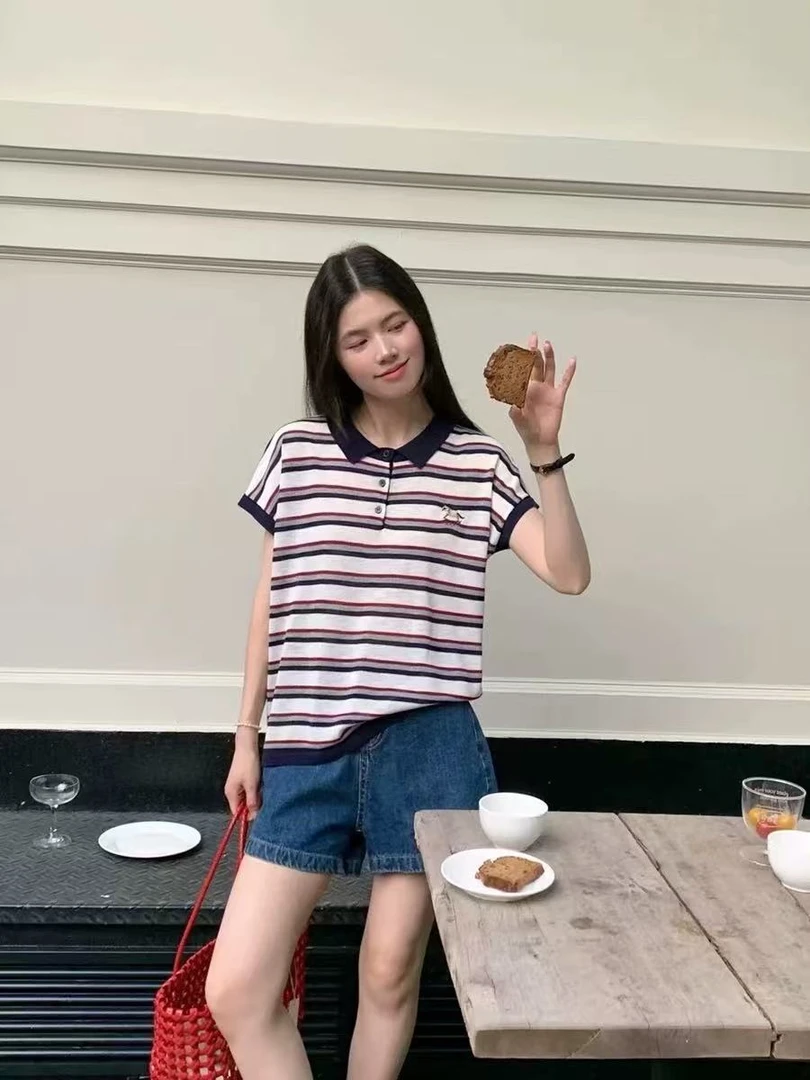 条纹短袖飞飞袖t恤国潮显瘦条纹T恤翻领休闲夏季牛仔宽松ol芭蕾风