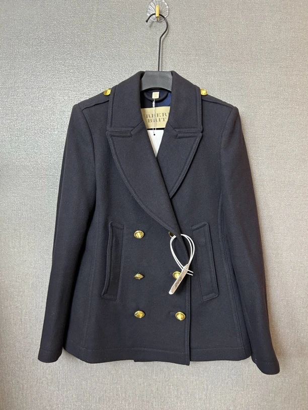 95新 BURBERRY/博柏利 黑蓝色毛呢外套