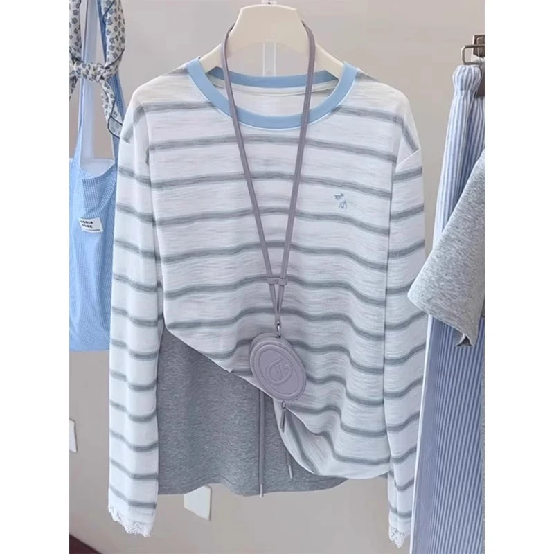 芯娇晴蓝色条纹刺绣防晒t恤女夏季薄款空调罩衫2025新款韩系上衣