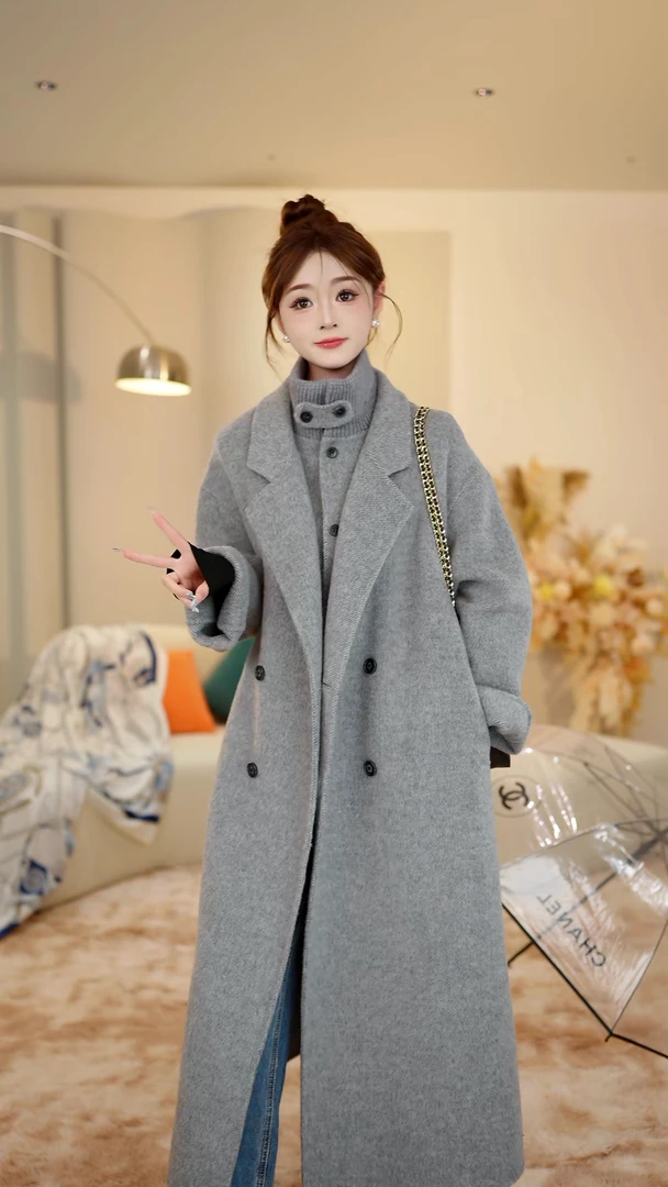 2025四粒扣百搭休闲设计高级轻奢双面绵羊毛两件套长款大衣女