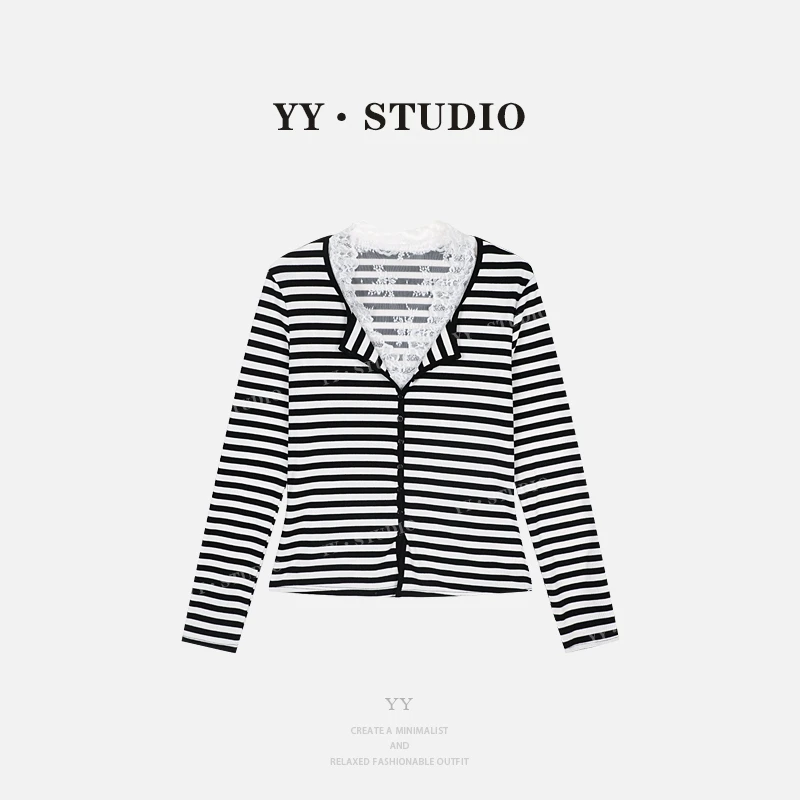 【YANYAN】早秋百搭条纹蕾丝两件套长袖T恤YY-2482