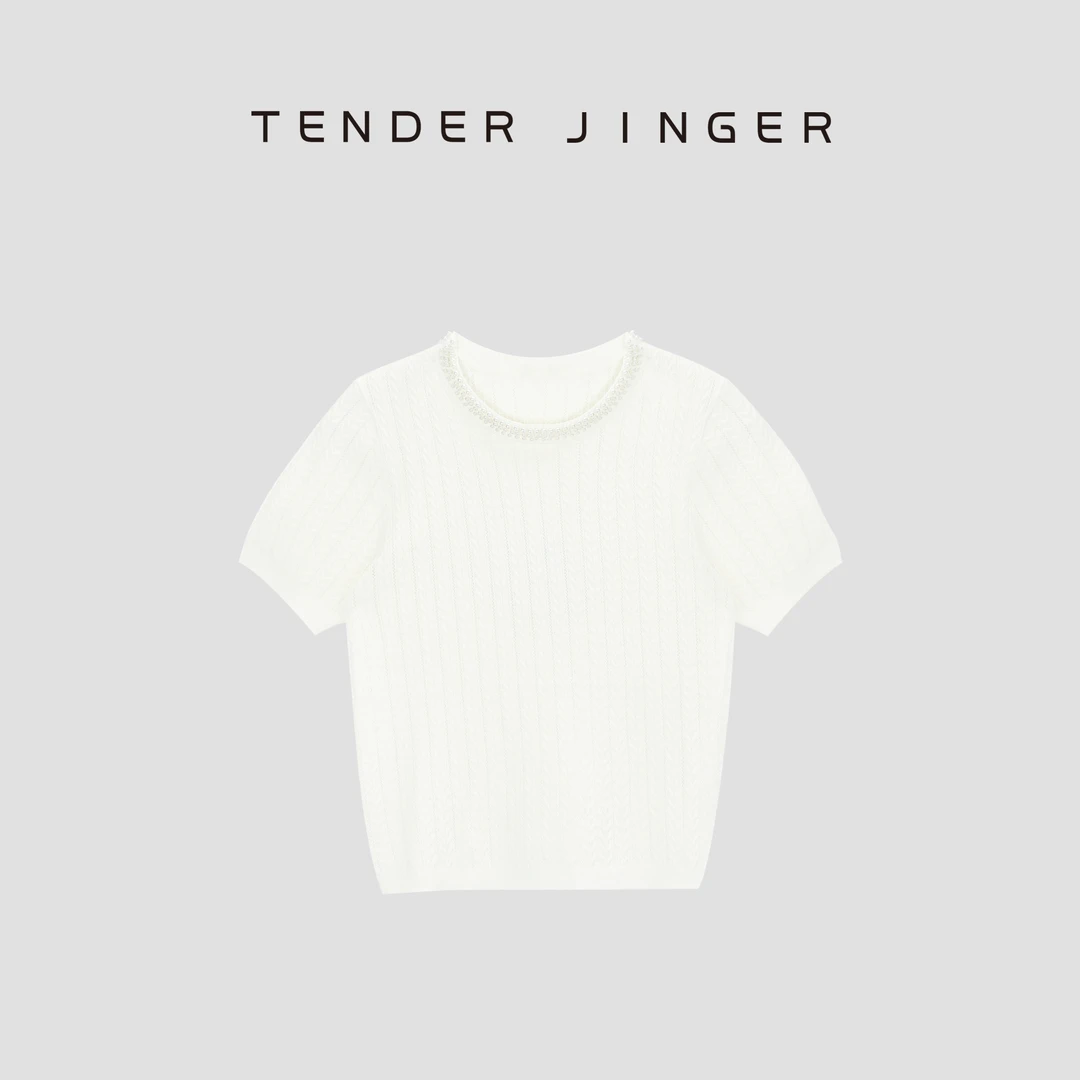 Tender Jinger法式钉珠圆领针织短袖T53DWF41080