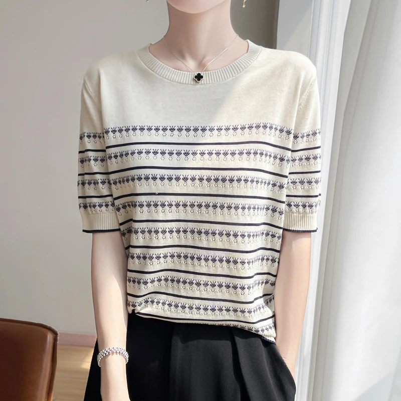中袖女圆领宽松镂空套头冰丝凉感条纹短袖上衣百搭莱赛尔天丝针织