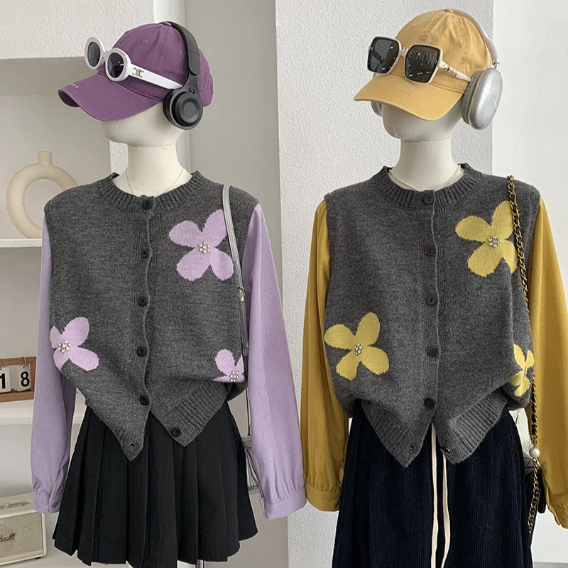 欧玛莱撞色假两件花朵长袖针织衫开女减龄圆领宽松上衣实拍6172