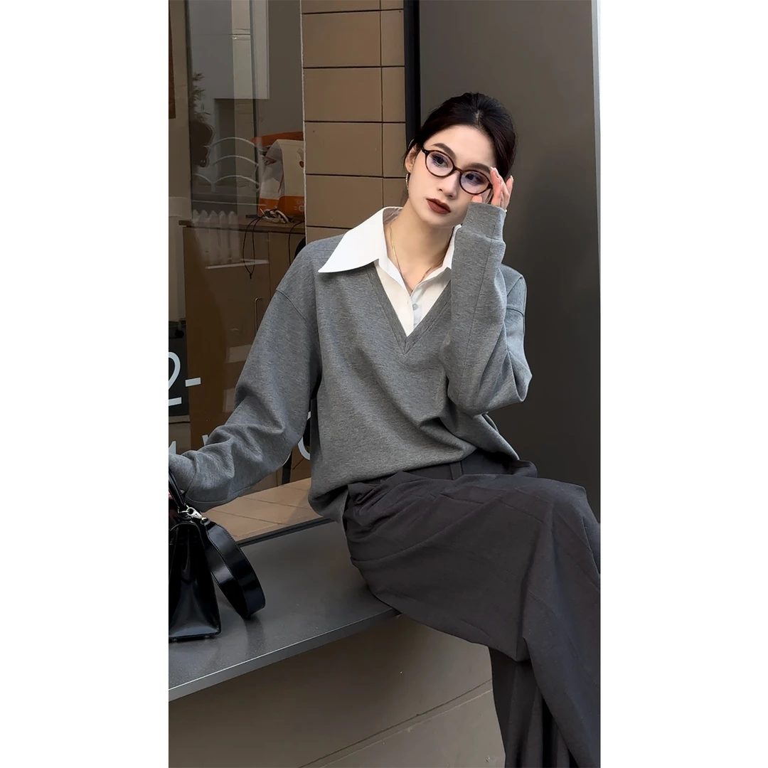 PRASE·噜【格雷腔调】微胖轻奢设计款春女撞色拼接v领卫衣PR502B37