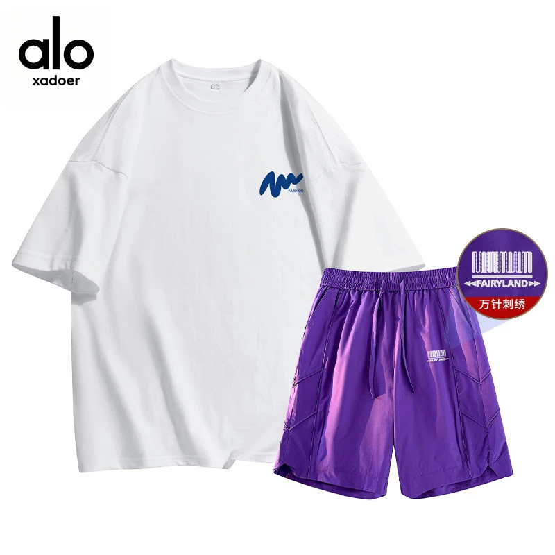 Aloxadoer夏季新款港风潮流纯棉T恤情侣百搭短裤宽松休闲短裤套装