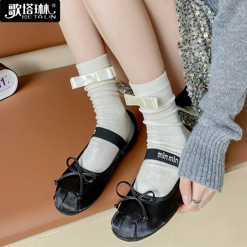 纯色小腿袜灰色竖条纹显瘦百搭蝴蝶结春夏薄款jk堆堆袜ins中筒袜
