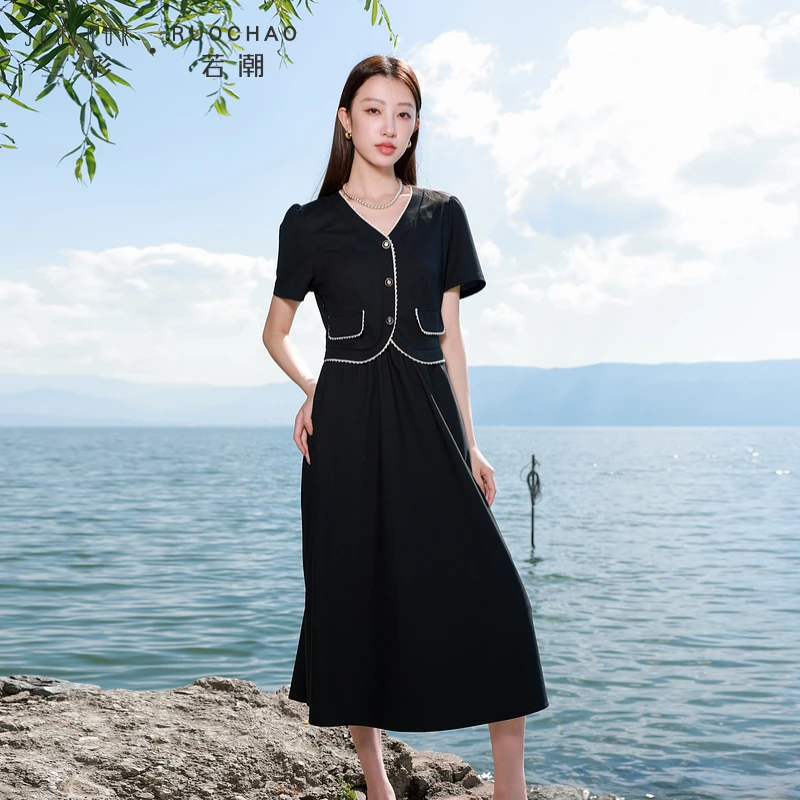 【商城专享】三彩大码女装夏假两件连衣裙赫本风花边V领