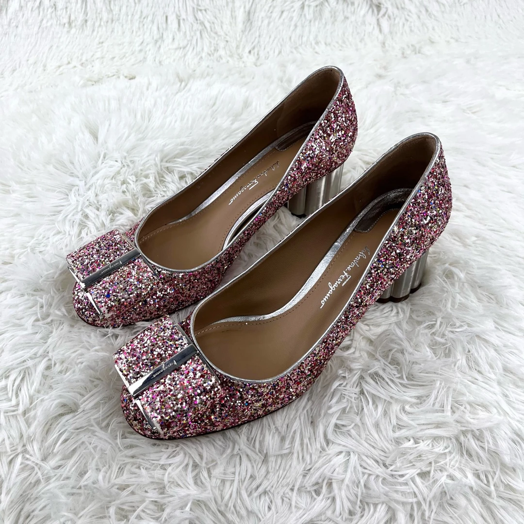 99新 FERRAGAMO/菲拉格慕 亮片蝴蝶结粗跟高跟鞋 38码 咩