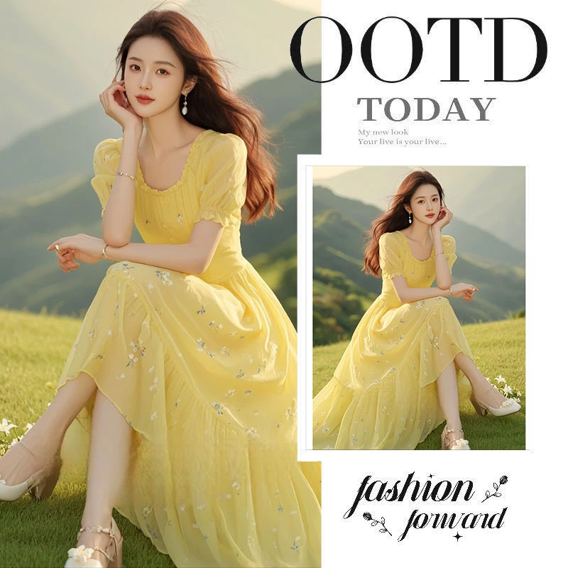黄色碎花连衣裙2025春夏新款桔梗法式气质独特超好看长款裙子飘逸