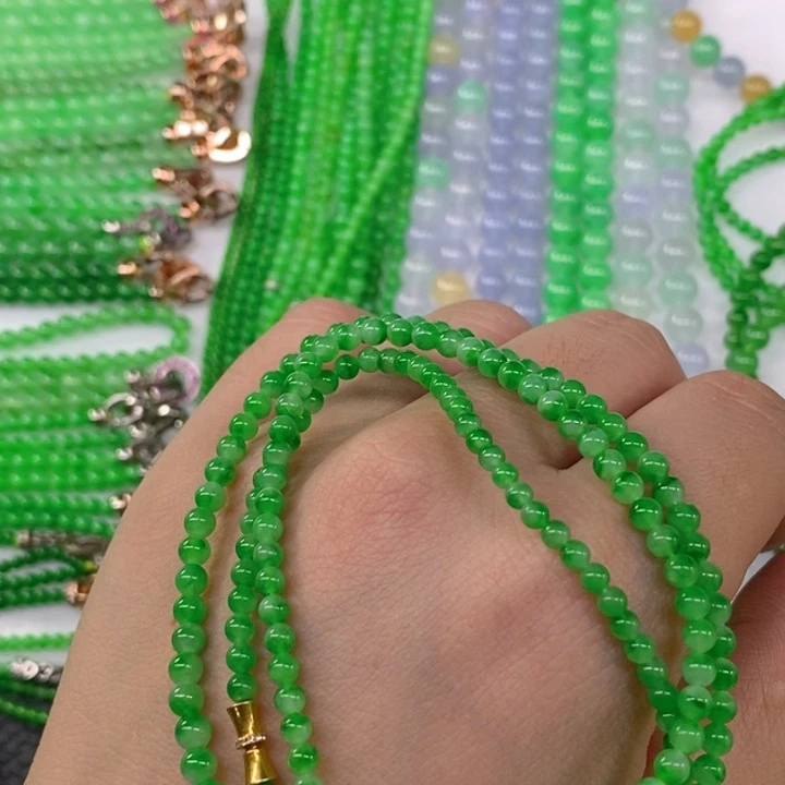 翡翠18K金镶嵌颈饰缅甸天然翡翠冰种阳绿小米珠塔链3.2，4