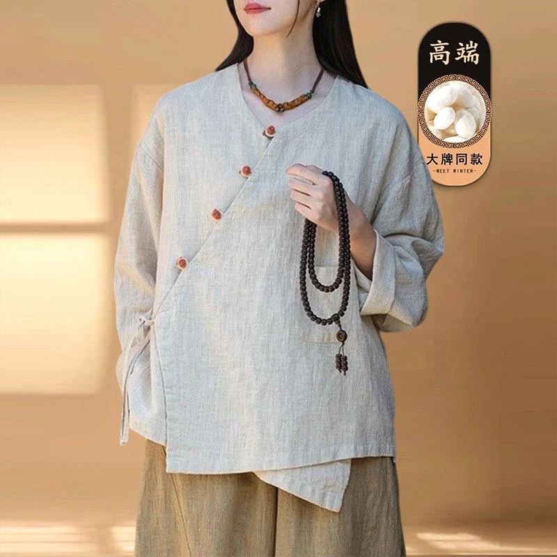 复古盘扣文艺禅意茶服体恤上衣女秋季大码休闲V领宽松百搭长袖T恤