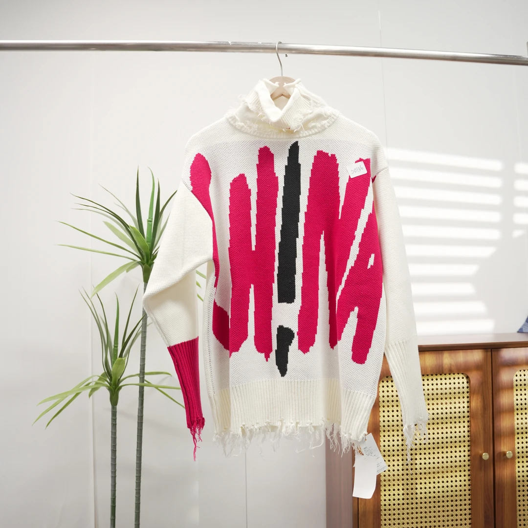 【J】潮牌男女圆领套头毛衣针织衫白色红色休闲拼色百搭00136