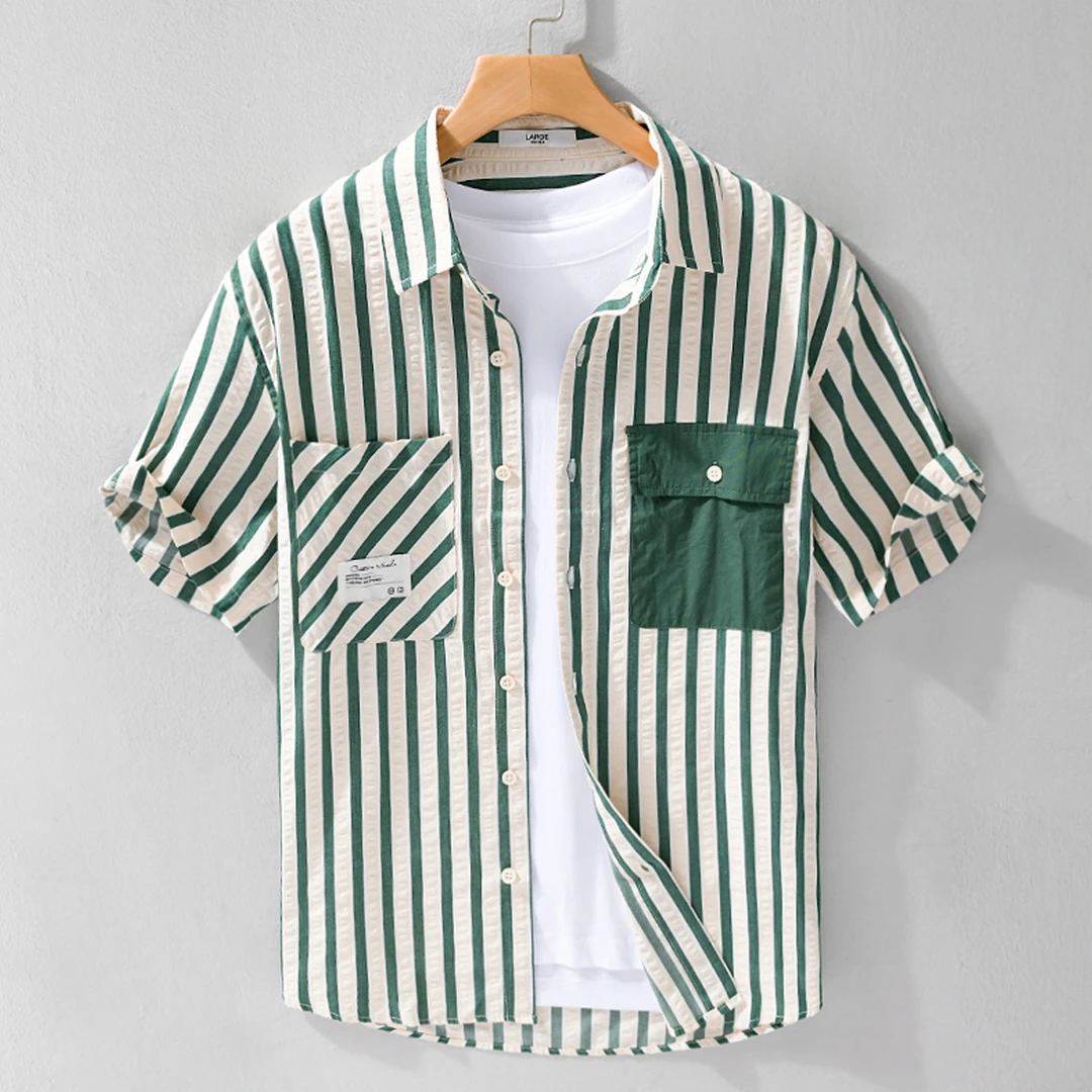 法国Cebrodz夏季帅气男短袖衬衫拼色设计感寸衫青年流行条纹衬衣
