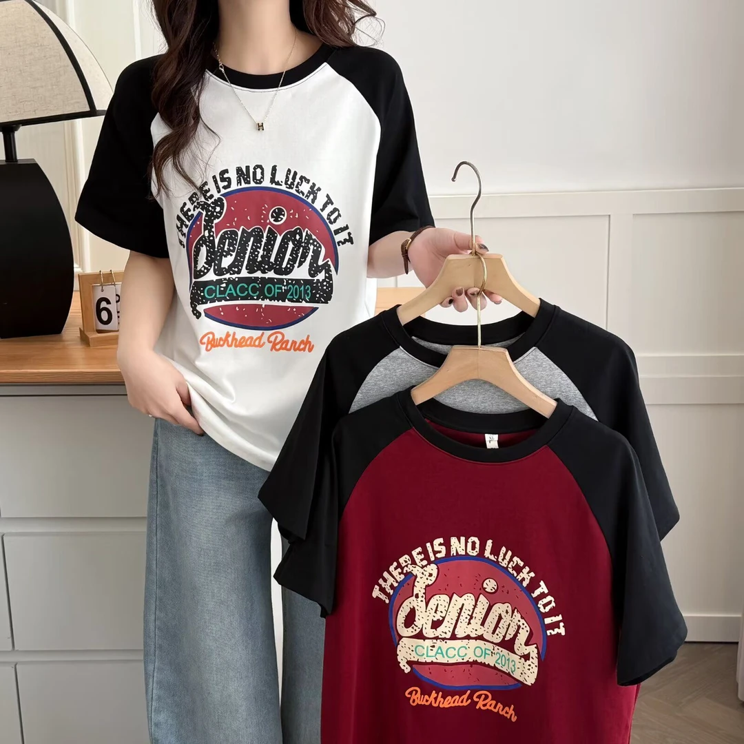 大码胖mm减龄显瘦撞色字母印圆领T恤女夏季新款百搭宽松遮肉上衣