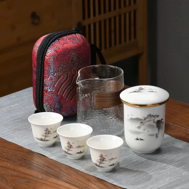 旅行茶具羊脂玉瓷黑千里江山三杯手抓快客A26
