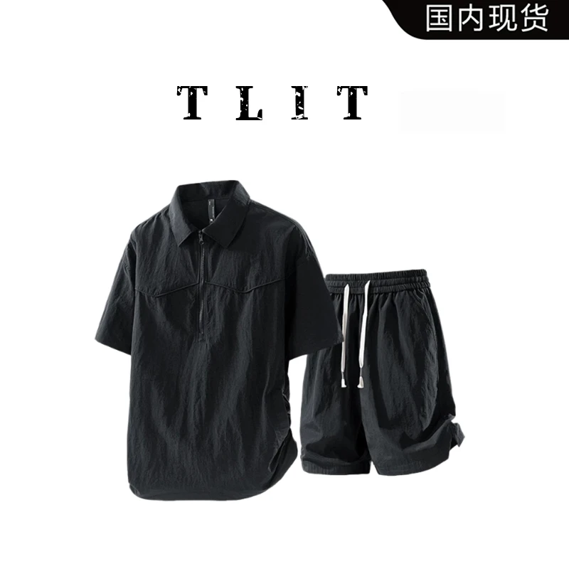 【品牌现货】TLIT短袖polo衫套装男夏季潮流帅气休闲运动短裤两件套