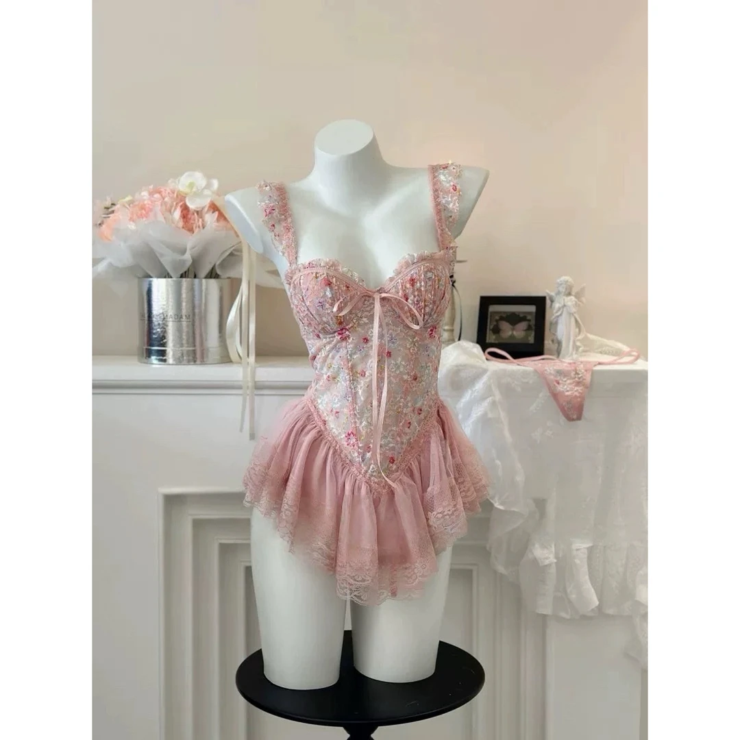 【小野奈子】月光舞曲！带胸垫性感设计感短款法式蕾丝鱼骨胸衣吊带