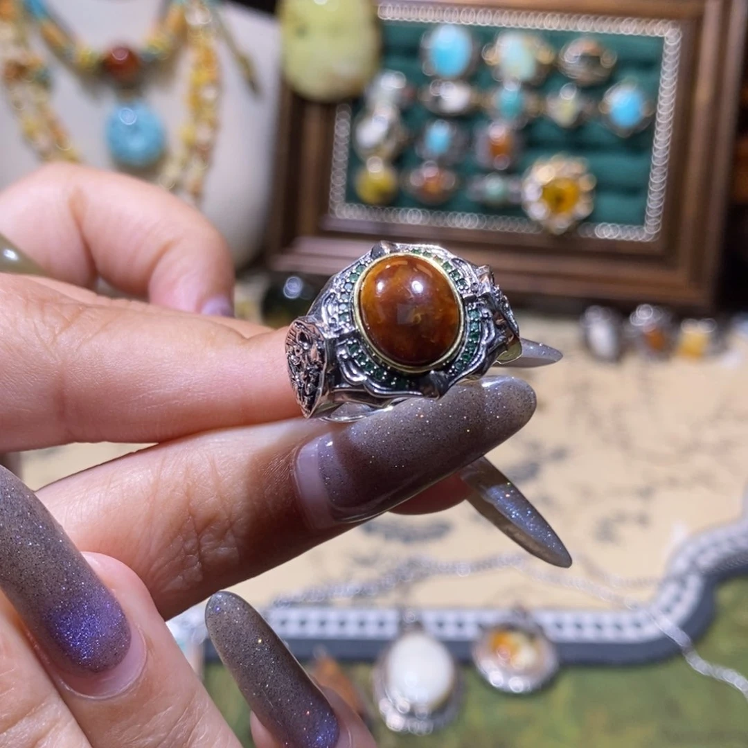 琥珀银S925镶嵌戒指戒指