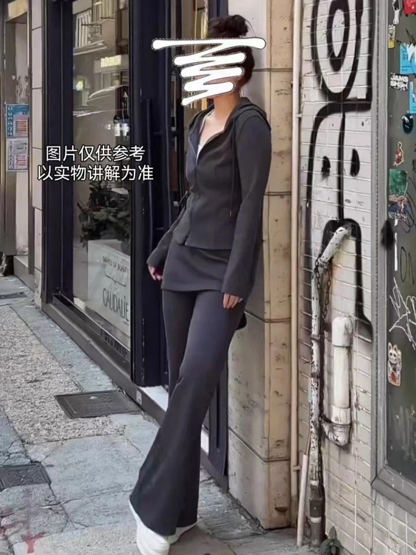 2025春季新款大码女装套装超推荐双拉链连帽卫衣+裙摆喇叭裤
