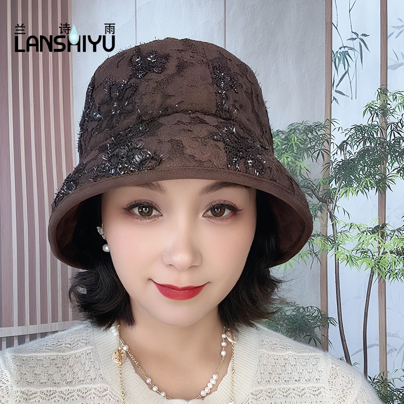 兰诗雨秋冬季韩版蕾丝渔夫帽帽子休闲优雅花朵防晒显脸小亮片刺绣
