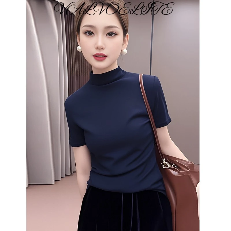简约半高领上衣蓝色针织短袖女2025年春夏新款T恤修身百搭打底衫
