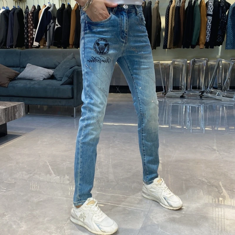 【也许家】新款男士时尚个性蓝色烫钻修身弹力显瘦牛仔裤BB76118