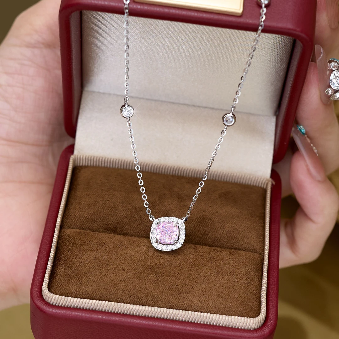 坠链均925银合成锆石 粉色方包银项链百搭小众简约强光经典镶嵌