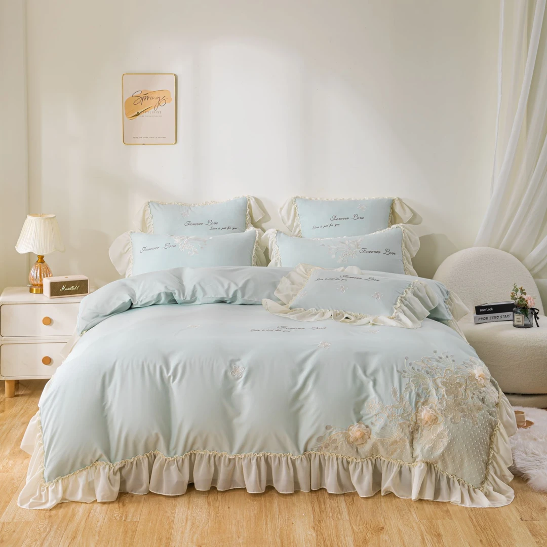 韩版公主风水洗棉床上四件套花边款轻奢被套被罩床单三件套网红