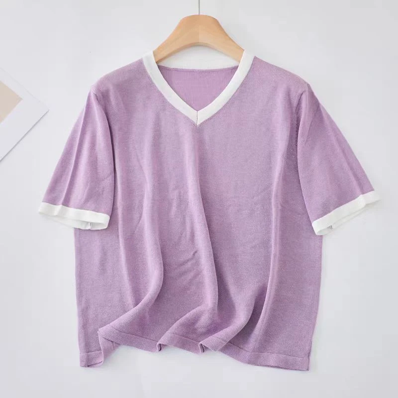 11594夏季女撞色领宽松V领短袖柔软针织短袖T恤衫