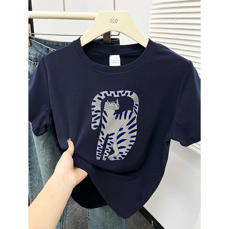 韩版猫咪印花圆领正肩t恤女短袖夏季设计感小众休闲独特别致上衣