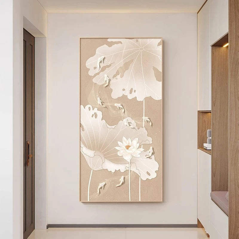 荷花莲花年年有鱼新中式玄关装饰画日式原木风过道挂画入户门墙画