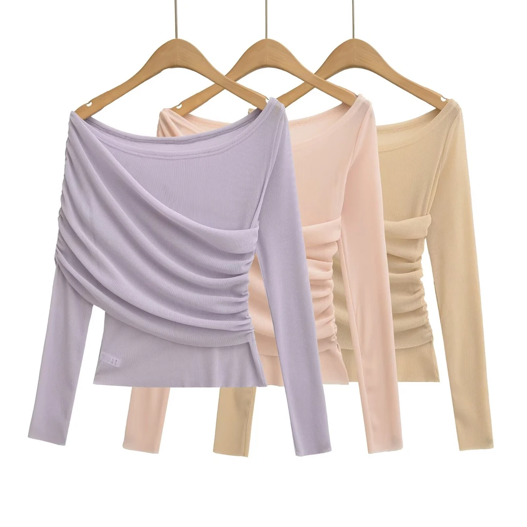 7656 网纱斜肩长袖T