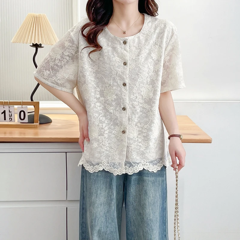2025夏季新款韩版大码宽松休闲百搭显瘦短袖T恤女蕾丝提刺绣开衫
