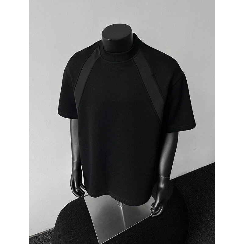 2025夏季爆款拼接抗皱短袖T恤男士运动休闲百搭半袖宽松高领圆领
