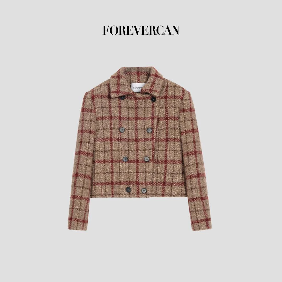 FOREVERCAN“孚日广场”美丽诺羊毛呢复古格纹短款外套SC22734