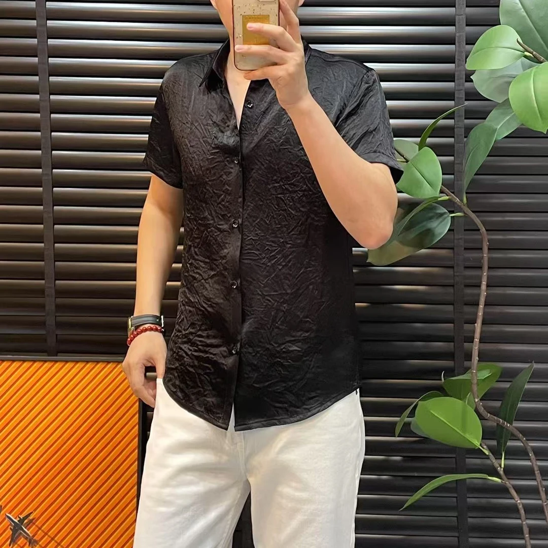 Ls8042夏季轻奢大理石纹高端欧货舒适透气醋酸男士衬衫短袖