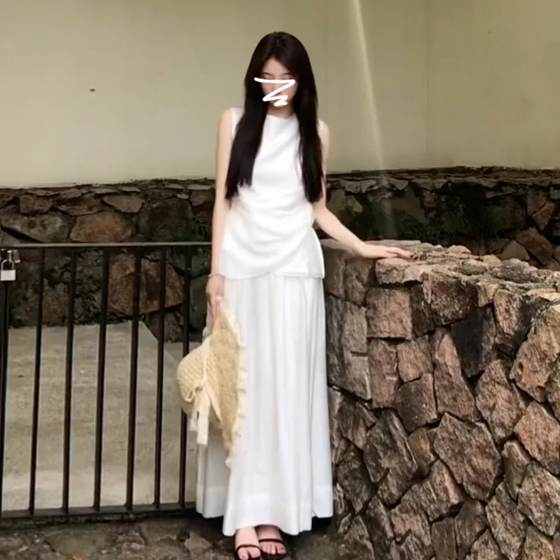 1866法式白色无袖连衣裙子女夏季新款冷淡系独特漂亮早春套装长裙