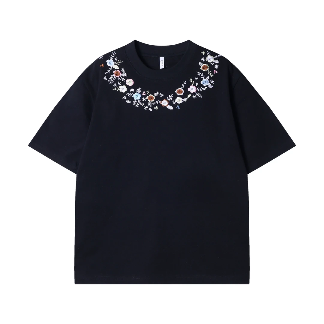 早春新款时尚个性韩版撞色刺绣花朵圆领短袖T恤简约百搭套头上衣