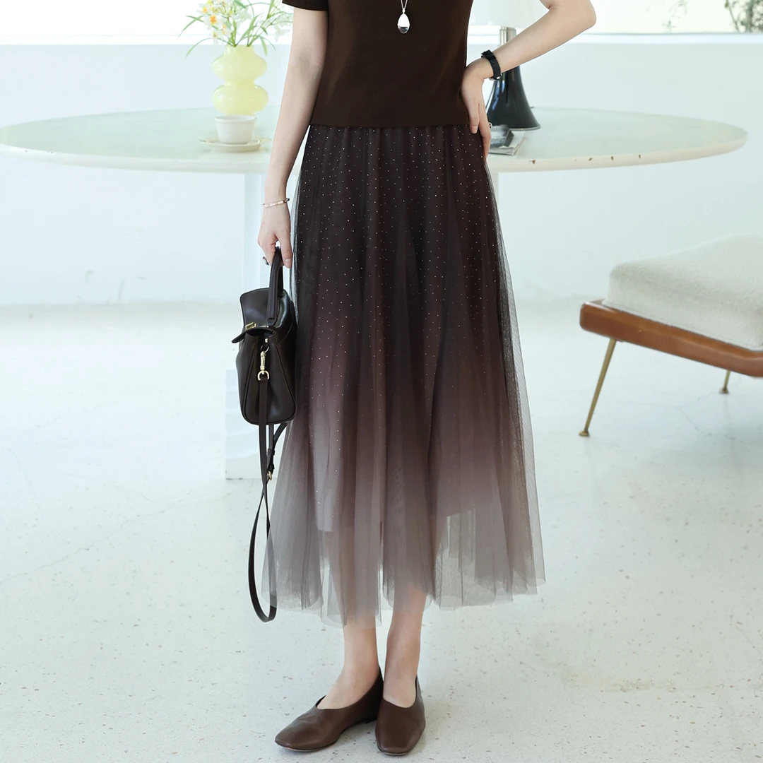 枫竺阿楠anan全松紧腰高级感渐变晕染星空半身裙女秋季网纱a字裙