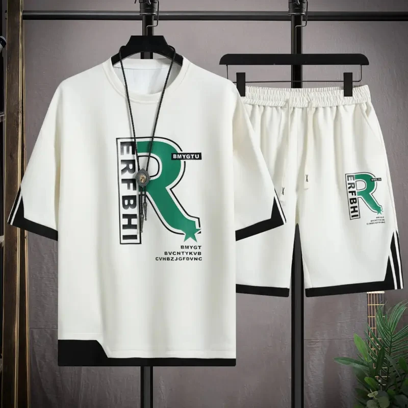 2024新款男士宽松短袖大码休闲套装夏季爆款高质感半袖印花两件套