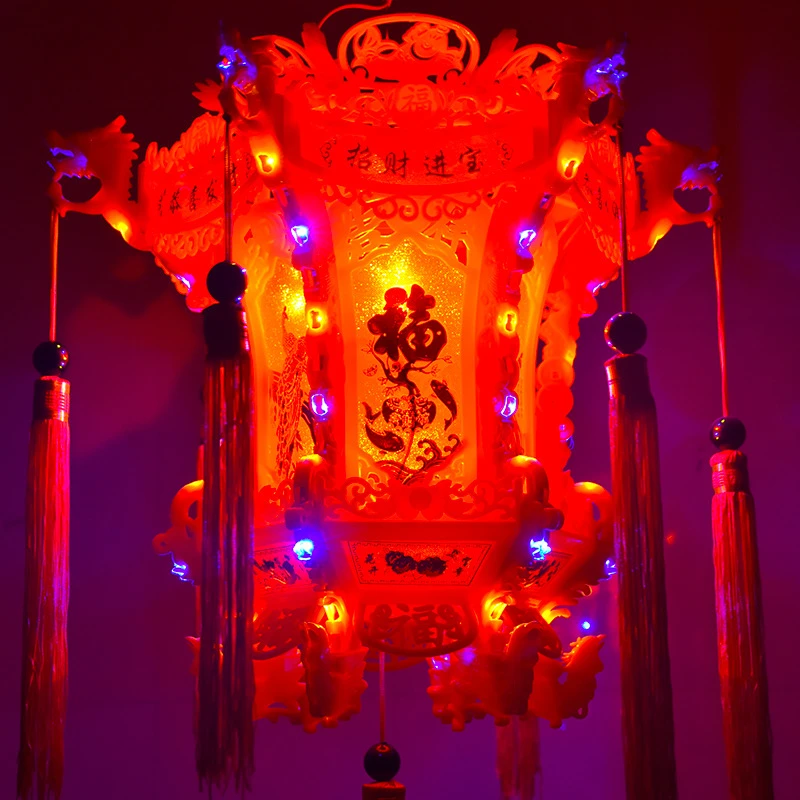 2025新年七彩旋转灯中式宫灯 仿古灯笼走马灯六角LED乔迁龙灯结婚