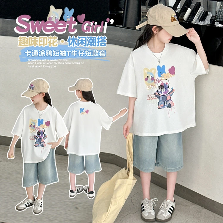 2025新款爆款夏季趣味印花女童T恤牛仔裤套装休闲潮搭洋气百搭