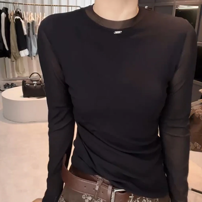 琥珀流光长袖打底T恤女2025新款秋季圆领设计感时尚百搭显瘦上衣