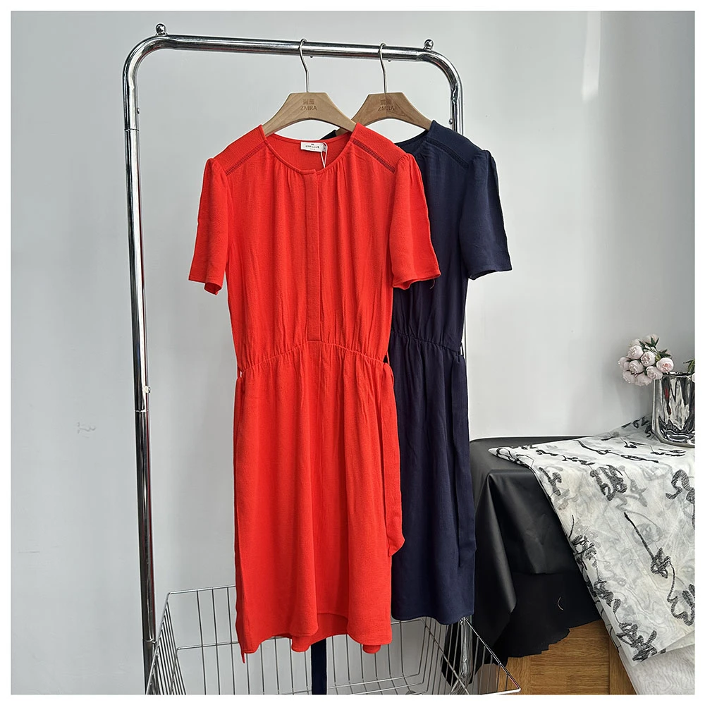 Q199       夏季新款宽松中长款女士拼接休闲圆领短袖连衣裙女