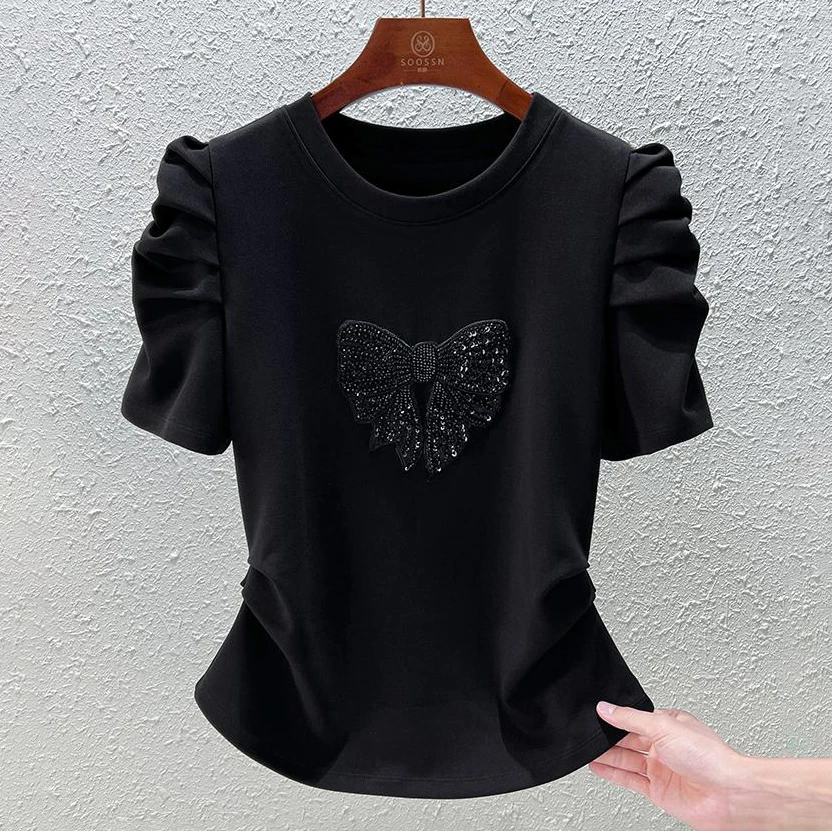 2025夏季新款时尚蝴蝶结优质棉短袖T恤女百搭减龄折折袖显瘦上衣