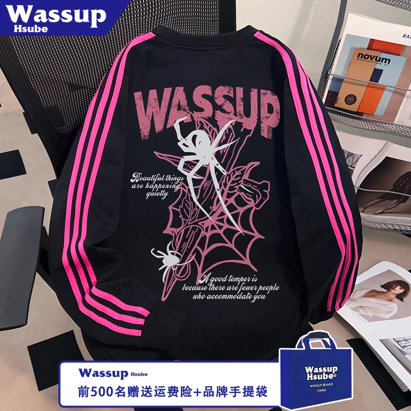 WASSUP HSUBE蜘蛛英文印花上衣ins纯棉三条杠长袖秋冬季男女款T恤