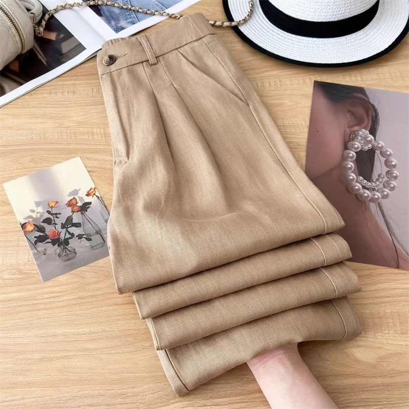 天丝亚麻阔腿裤女春夏季2025新款高腰薄款垂感棉麻长裤苎麻直筒裤